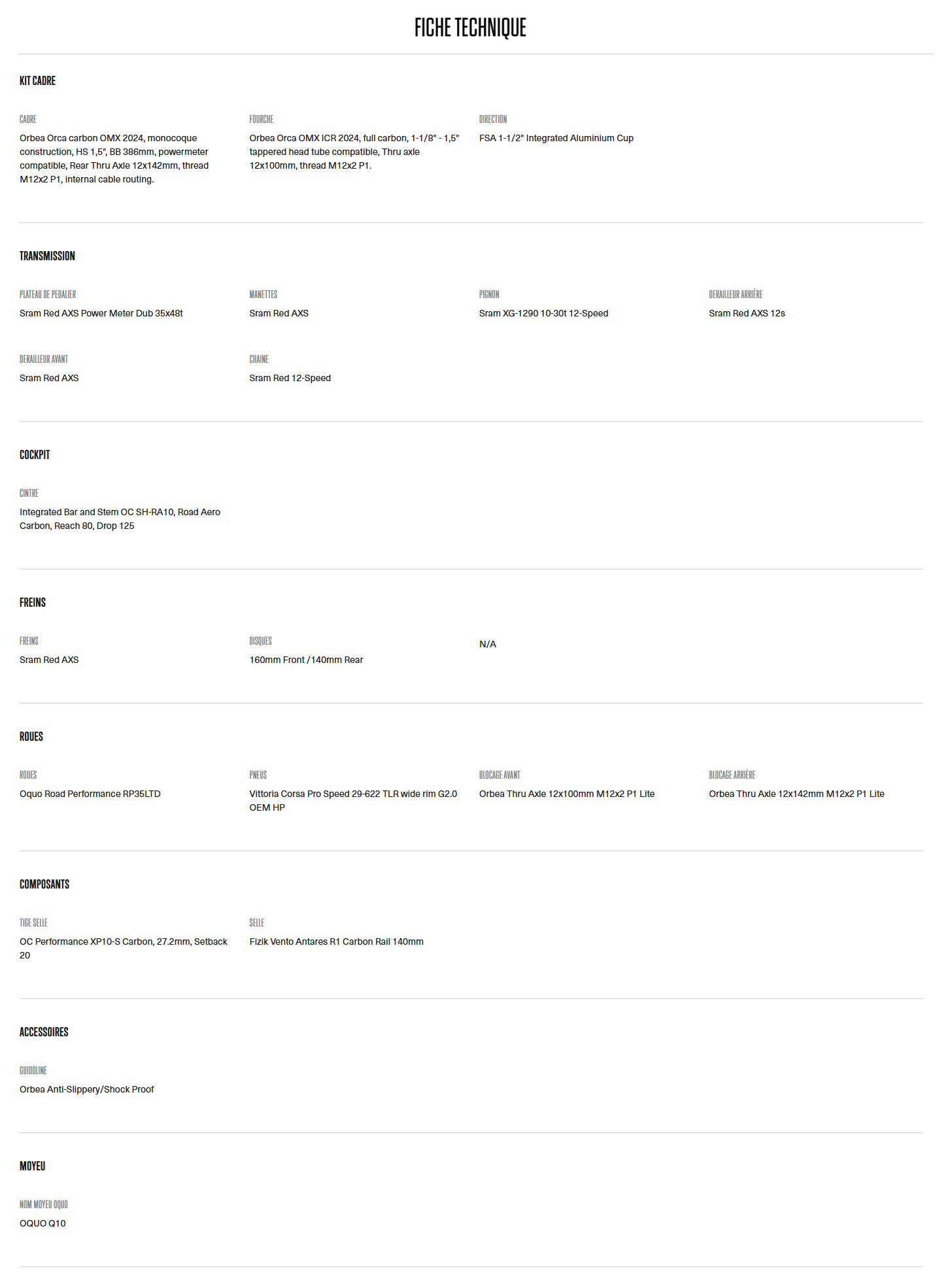 Caractéristique technique du vélo Orca M11ELTD année 2025